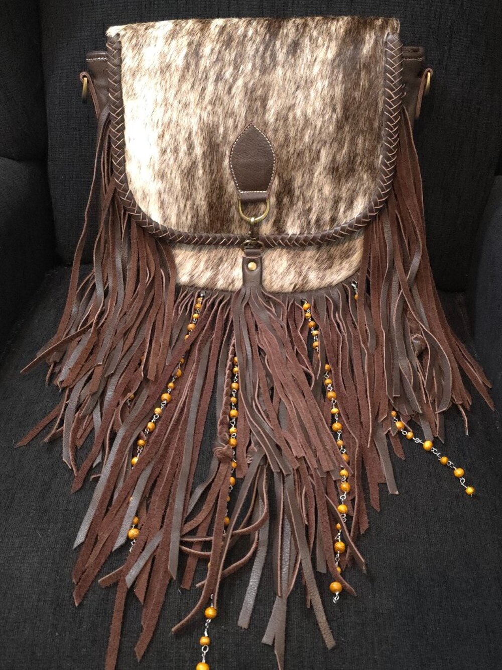 Haute Southern Hyde Elva Cowhide Fringe Western Brindle Hair On Leather Purse